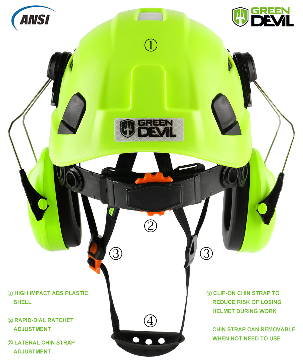 GREEN DEVIL Green Color Safety Helmet Hard Hat With Visor And Ear Protection ANSI Z89.1 Approved