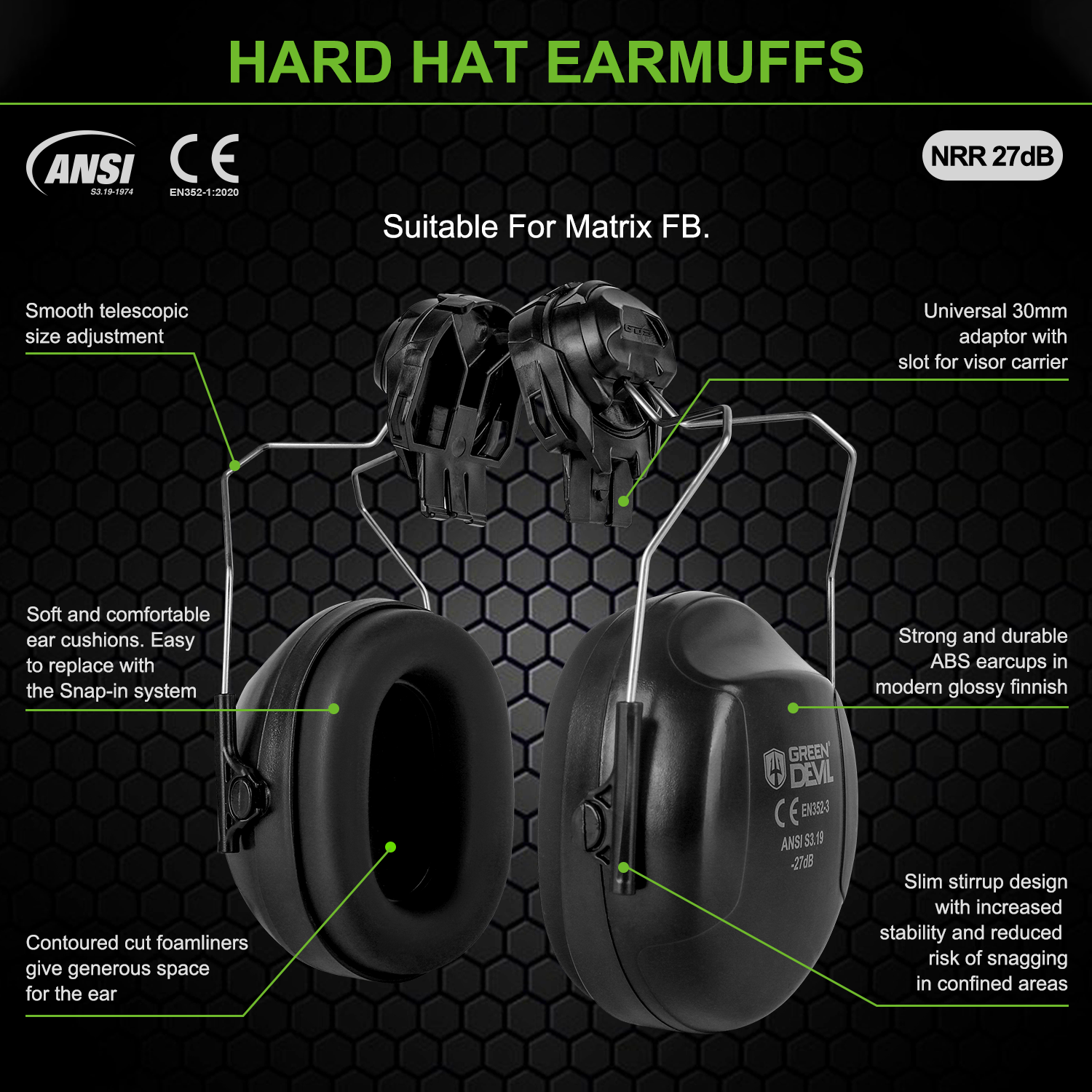 GREEN DEVIL Ear Muffs For Matrix FB Series Full Brim Hard Hat
