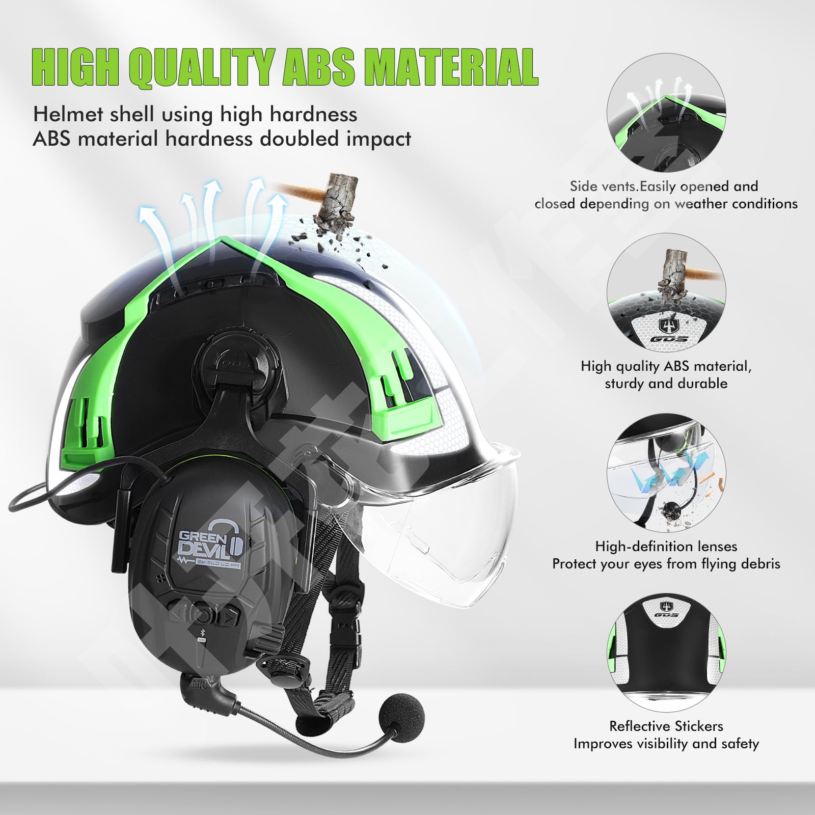 GREEN DEVIL X-Armor Series Hard Hat with Visor and Bluetooth Ear Muffs Vented ABS Work Hardhat for Men Women Cascos De Construccion Safety Helmet Ideal for Industrial & Construction