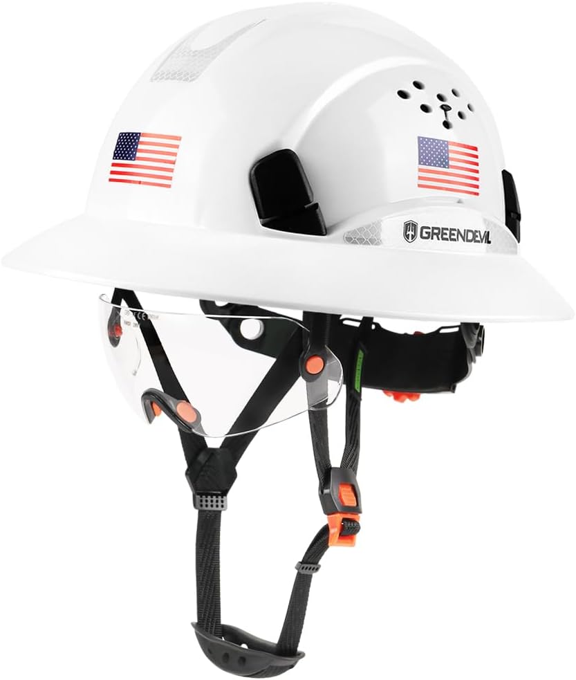 GREEN DEVIL Full Brim Hard Hat Vented Construction Safety Helmet OSHA Approved Cascos De Construccion ABS Work Hardhat for Men&Women 6 Point Adjustable Ratchet Suspension Custom Pattern Design