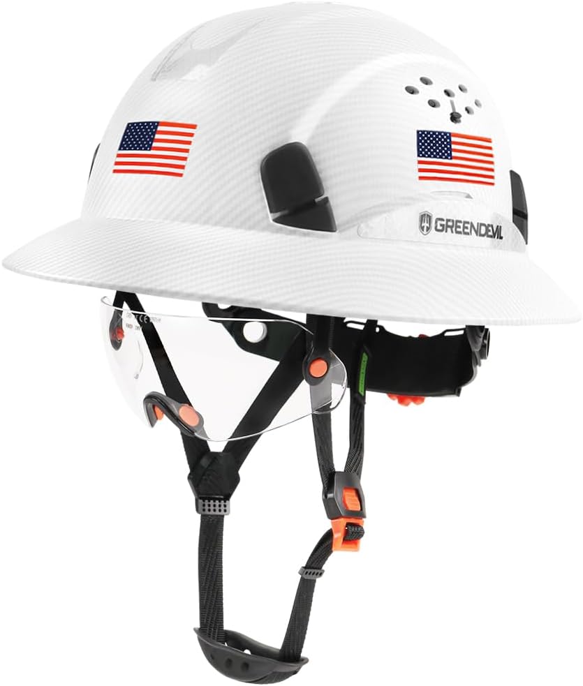 GREEN DEVIL Full Brim Hard Hat Vented Construction Safety Helmet OSHA Approved Cascos De Construccion ABS Work Hardhat for Men&Women 6 Point Adjustable Ratchet Suspension Custom Pattern Design