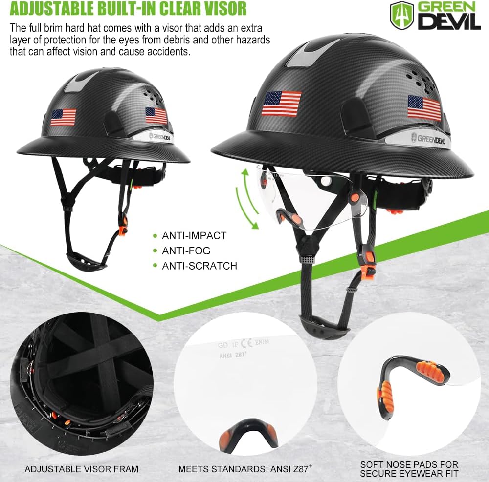 GREEN DEVIL Full Brim Hard Hat Vented Construction Safety Helmet OSHA Approved Cascos De Construccion ABS Work Hardhat for Men&Women 6 Point Adjustable Ratchet Suspension Custom Pattern Design