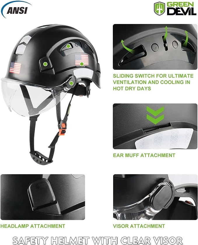 GREEN DEVIL Safety Helmet Hard Hat with Visor Chinstrap Adjustable Lightweight Vented ABS Work Helmet for Men and Women 6-Point Suspension ANSI Z89.1 Approved Ideal for Industrial & Construction Black