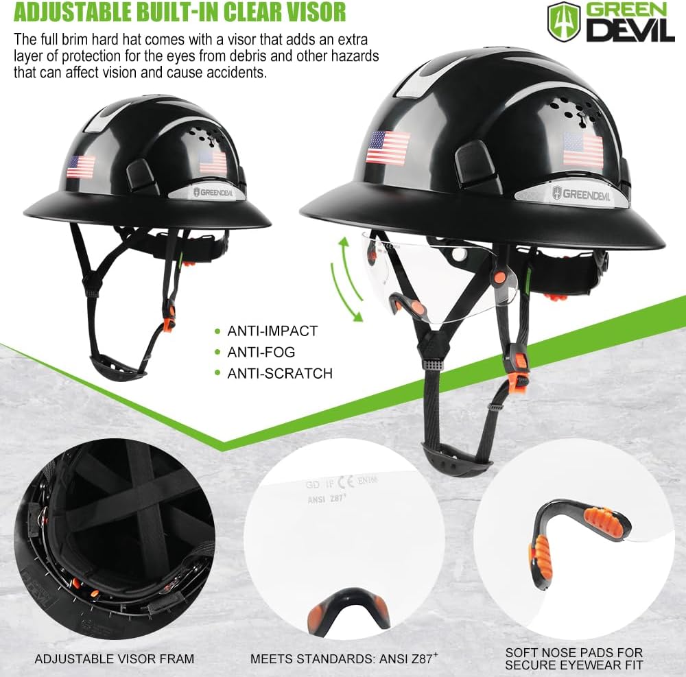GREEN DEVIL Full Brim Hard Hat Vented Construction Safety Helmet OSHA Approved Cascos De Construccion ABS Work Hardhat for Men&Women 6 Point Adjustable Ratchet Suspension Custom Pattern Design