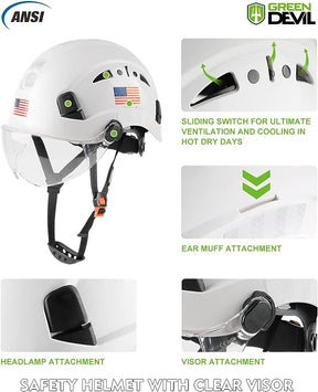 GREEN DEVIL Safety Helmet Hard Hat with Visor Chinstrap Adjustable Lightweight Vented ABS Work Helmet for Men and Women 6-Point Suspension ANSI Z89.1 Approved Ideal for Industrial & Construction White