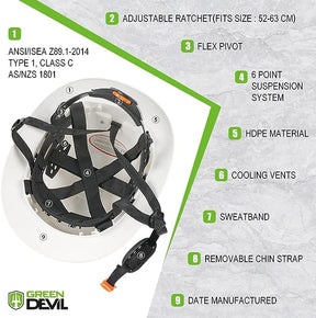 Full Brim Hard Hat Vented Construction Green Safety Helmet OSHA Approved Cascos De Construccion Work Hardhats with Cooling Towel for Men&Women 6 Point Adjustable Ratchet Suspension