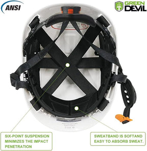 GREEN DEVIL Safety Helmet Hard Hat with Visor Chinstrap Adjustable Lightweight Vented ABS Work Helmet for Men and Women 6-Point Suspension ANSI Z89.1 Approved Ideal for Industrial & Construction White