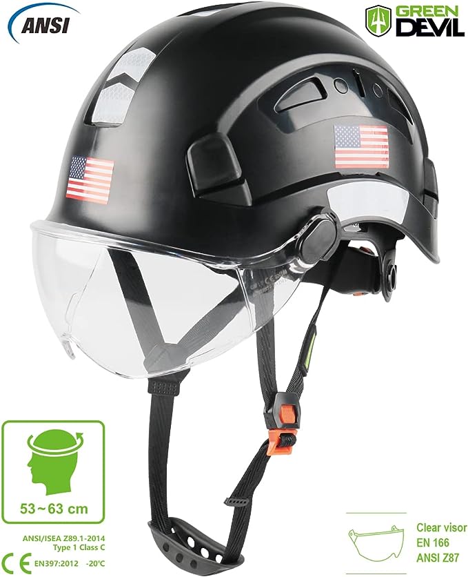 GREEN DEVIL Safety Helmet Hard Hat with Visor Chinstrap Adjustable Lightweight Vented ABS Work Helmet for Men and Women 6-Point Suspension ANSI Z89.1 Approved Ideal for Industrial & Construction Black