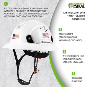 Full Brim Hard Hat Vented Construction White Safety Helmet OSHA Approved Cascos De Construccion Work Hardhats with Cooling Towel for Men&Women 6 Point Adjustable Ratchet Suspension