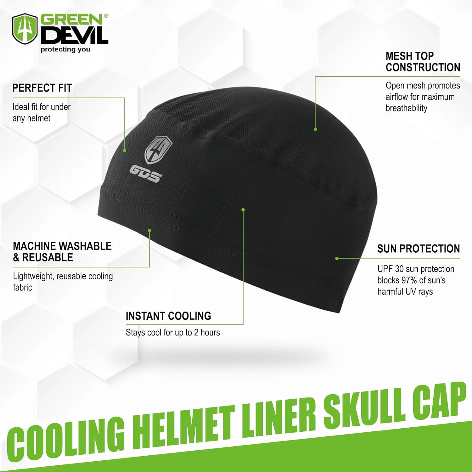 GREEN DEVIL Cooling Skull Cap Helmet Liner for Men Women, Fits Under Helmets Black