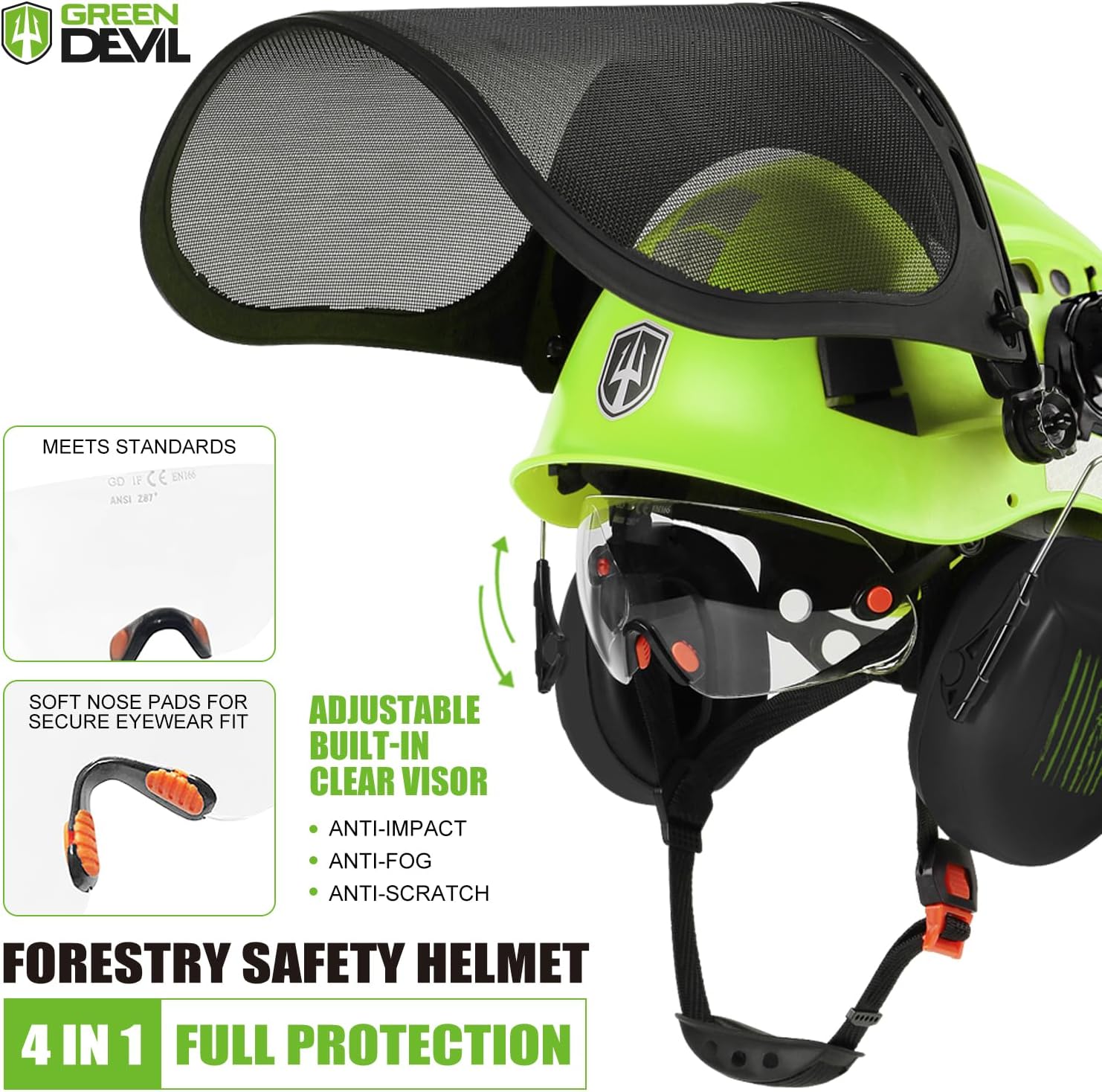 GREEN DEVIL Forestry Chainsaw Safety Helmet with Mesh Face Shield Built-in Visor and Earmuffs 5 in 1 System Vented Arborist Helmet ANSI Z89.1 Hard Hat Logging Garden Work Hardhats for Men Women