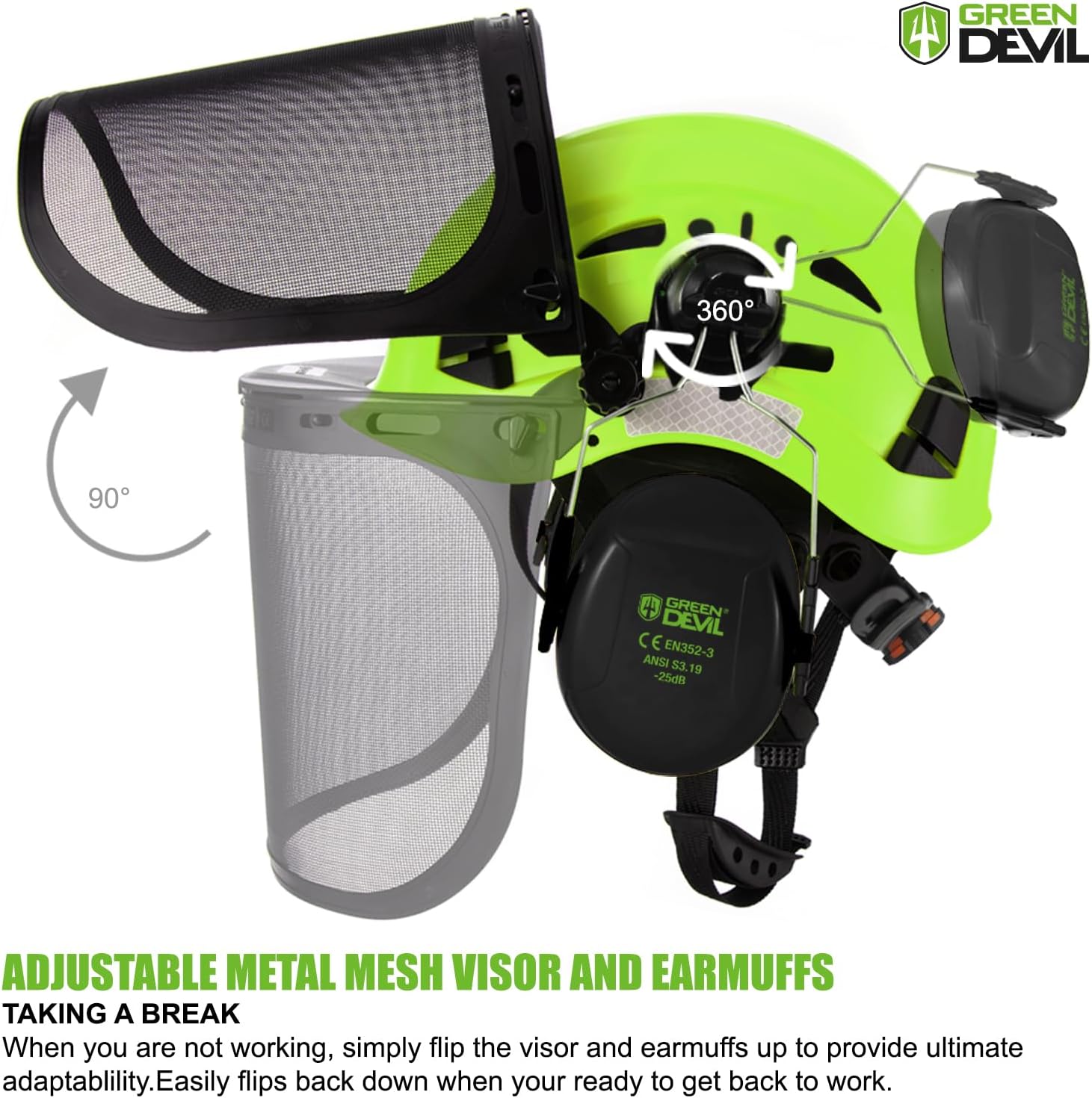 GREEN DEVIL Forestry Chainsaw Safety Helmet with Mesh Face Shield Built-in Visor and Earmuffs 5 in 1 System Vented Arborist Helmet ANSI Z89.1 Hard Hat Logging Garden Work Hardhats for Men Women