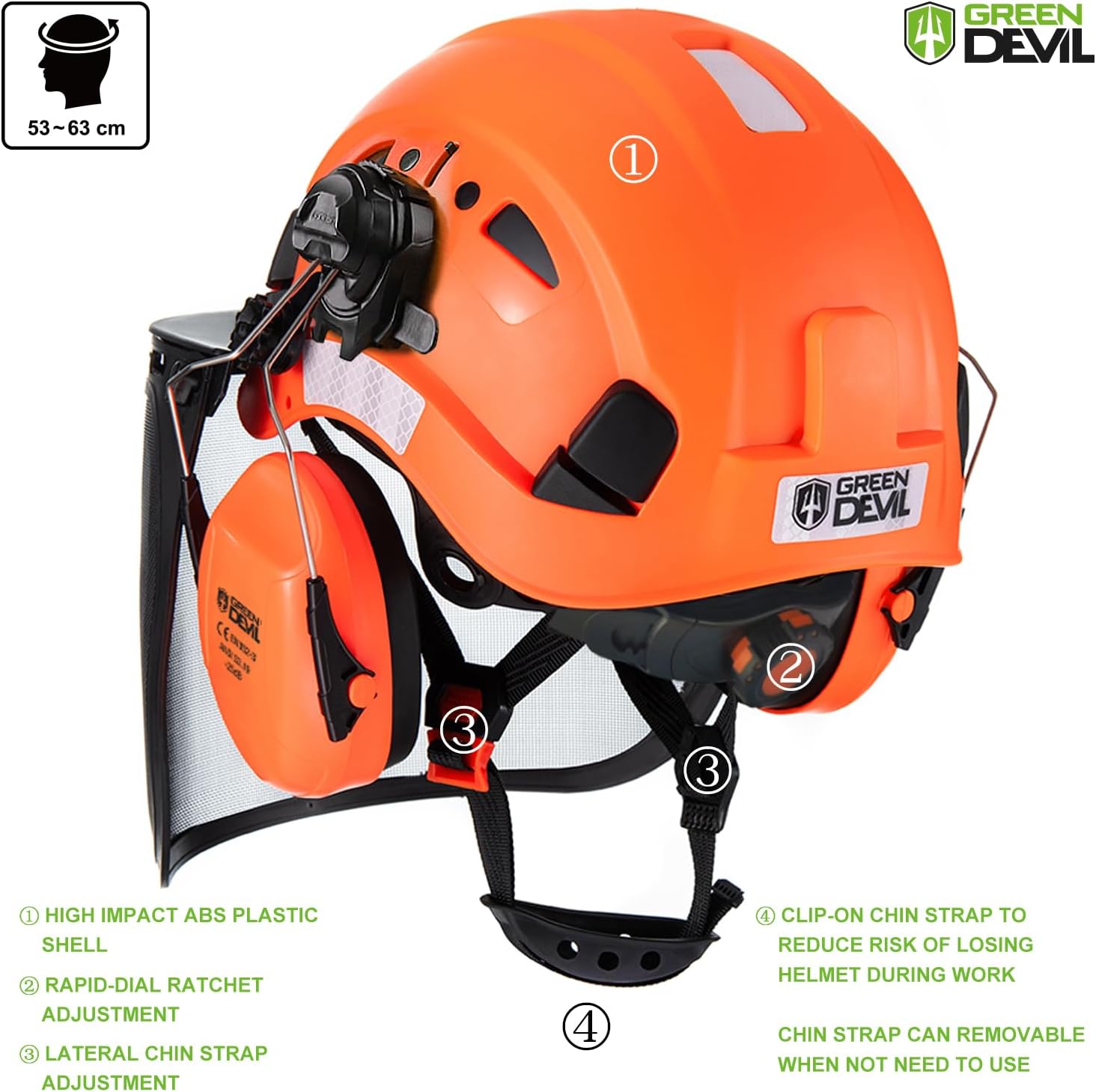 GREEN DEVIL Forestry Chainsaw Safety Helmet with Mesh Face Shield Built-in Visor and Earmuffs 5 in 1 System Vented Arborist Helmet ANSI Z89.1 Hard Hat Logging Garden Work Hardhats for Men Women