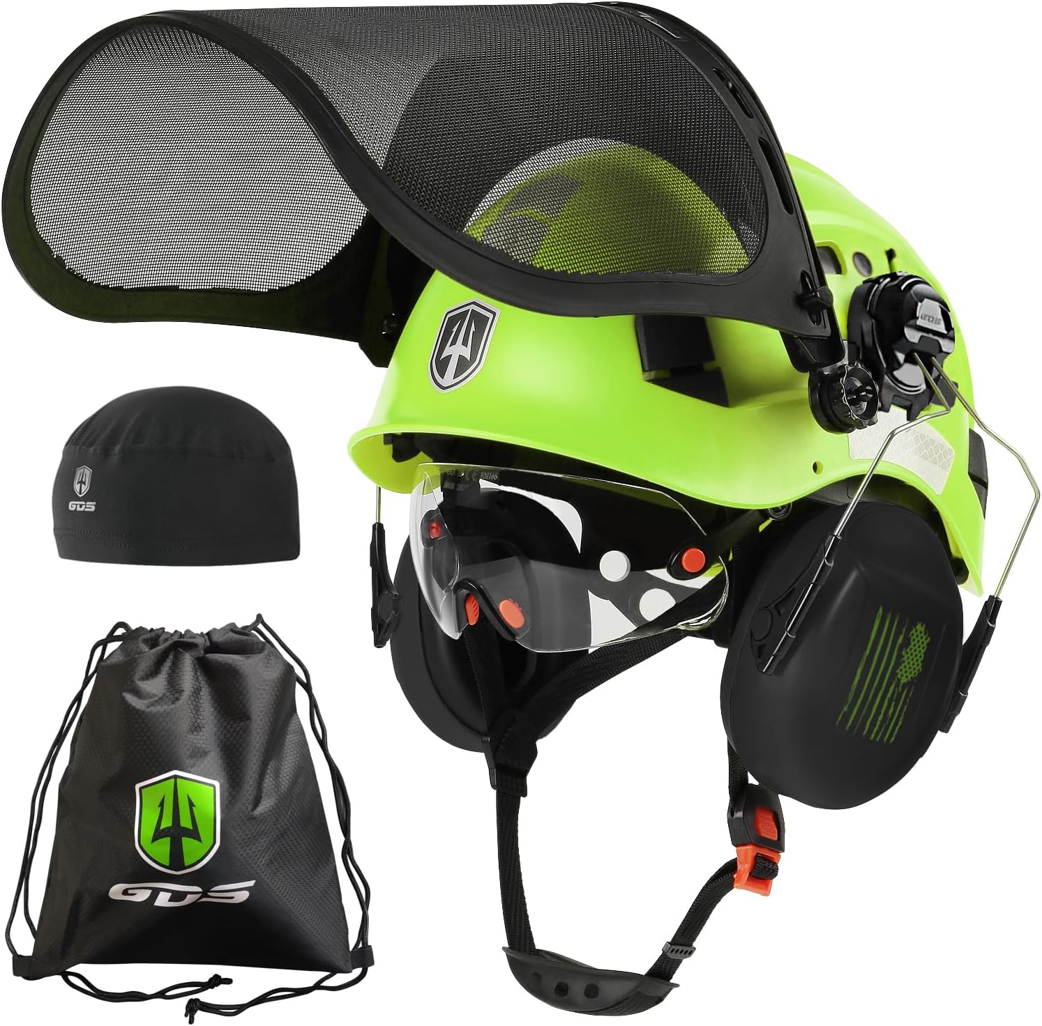 GREEN DEVIL Forestry Chainsaw Safety Helmet with Mesh Face Shield Built-in Visor and Earmuffs 5 in 1 System Vented Arborist Helmet ANSI Z89.1 Hard Hat Logging Garden Work Hardhats for Men Women
