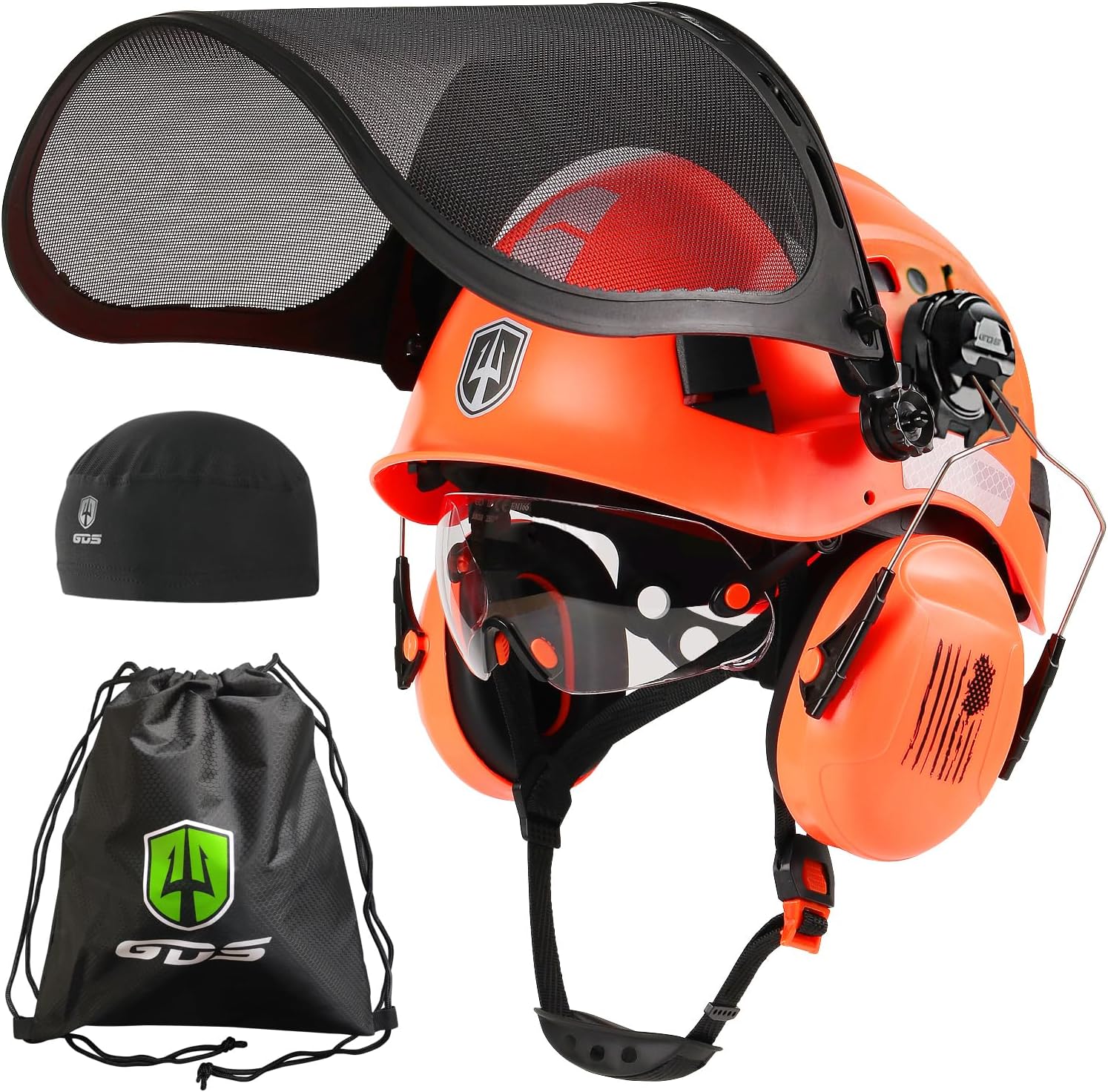 GREEN DEVIL Forestry Chainsaw Safety Helmet with Mesh Face Shield Built-in Visor and Earmuffs 5 in 1 System Vented Arborist Helmet ANSI Z89.1 Hard Hat Logging Garden Work Hardhats for Men Women