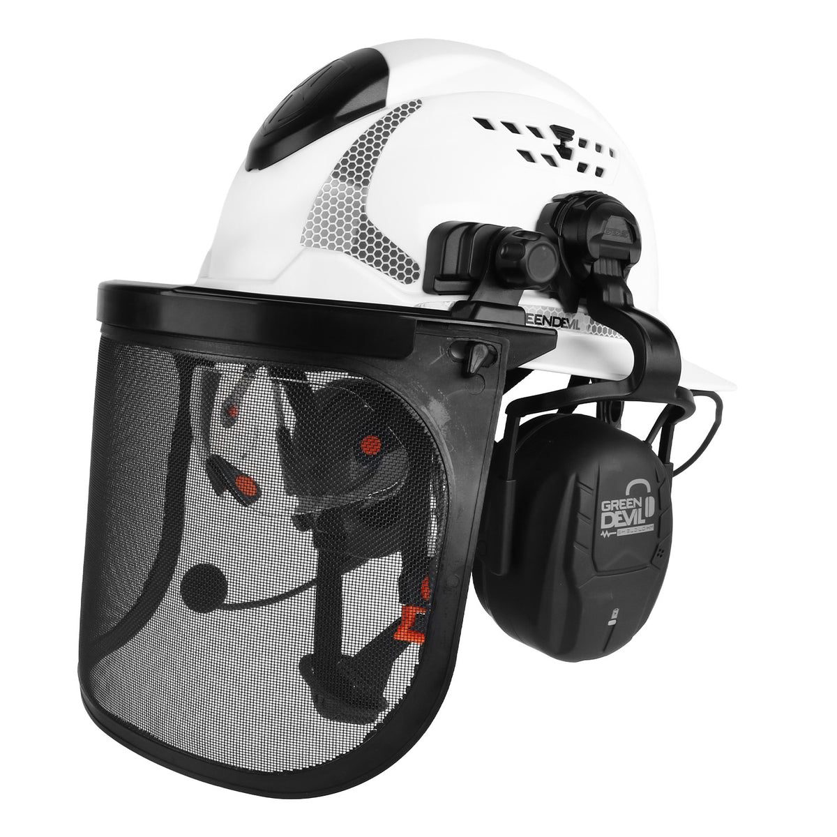 GREEN DEVIL Full Brim Chainsaw Helmet with Face Shield，Bluetooth Ear Muffs，Built in Visor-4 in 1 Forestry Hard Hat System ANSI Z89.1 Adjustable Arborist Work Headgear