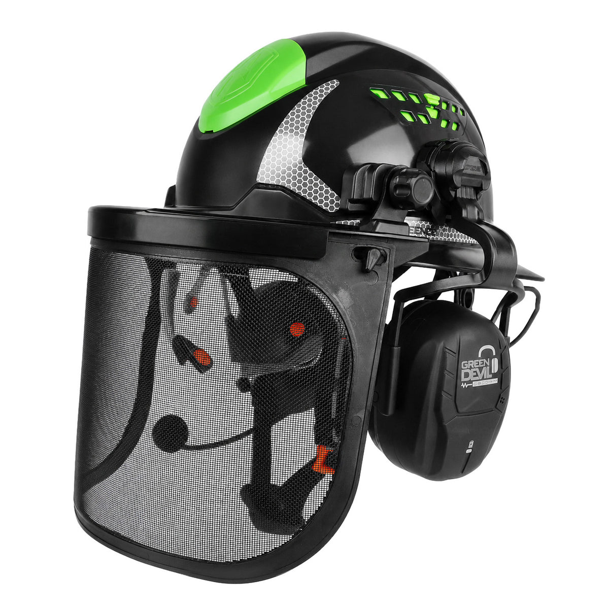GREEN DEVIL Full Brim Chainsaw Helmet with Face Shield，Bluetooth Ear Muffs，Built in Visor-4 in 1 Forestry Hard Hat System ANSI Z89.1 Adjustable Arborist Work Headgear