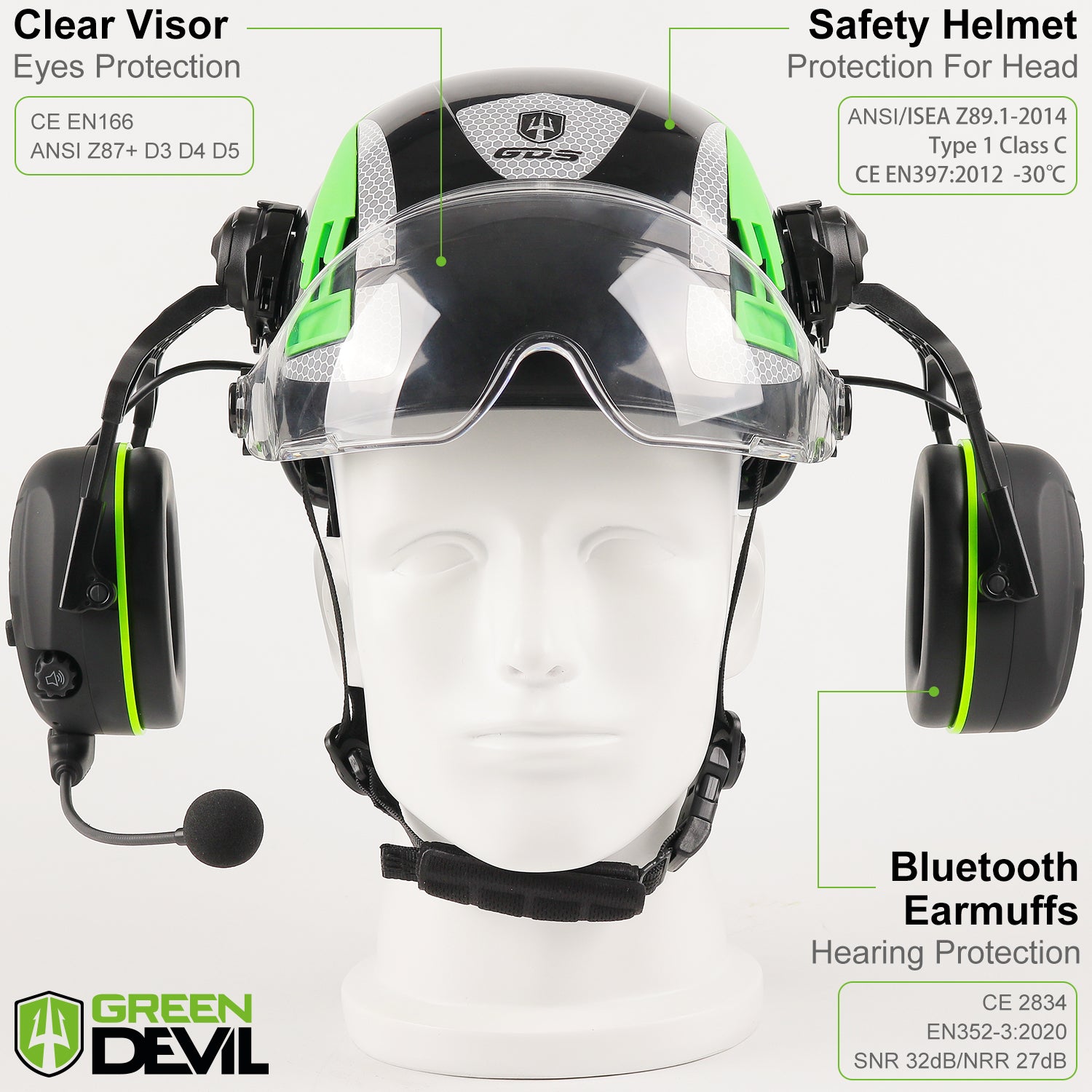 GREEN DEVIL X-Armor Series Hard Hat with Visor and Bluetooth Ear Muffs Vented ABS Work Hardhat for Men Women Cascos De Construccion Safety Helmet Ideal for Industrial & Construction