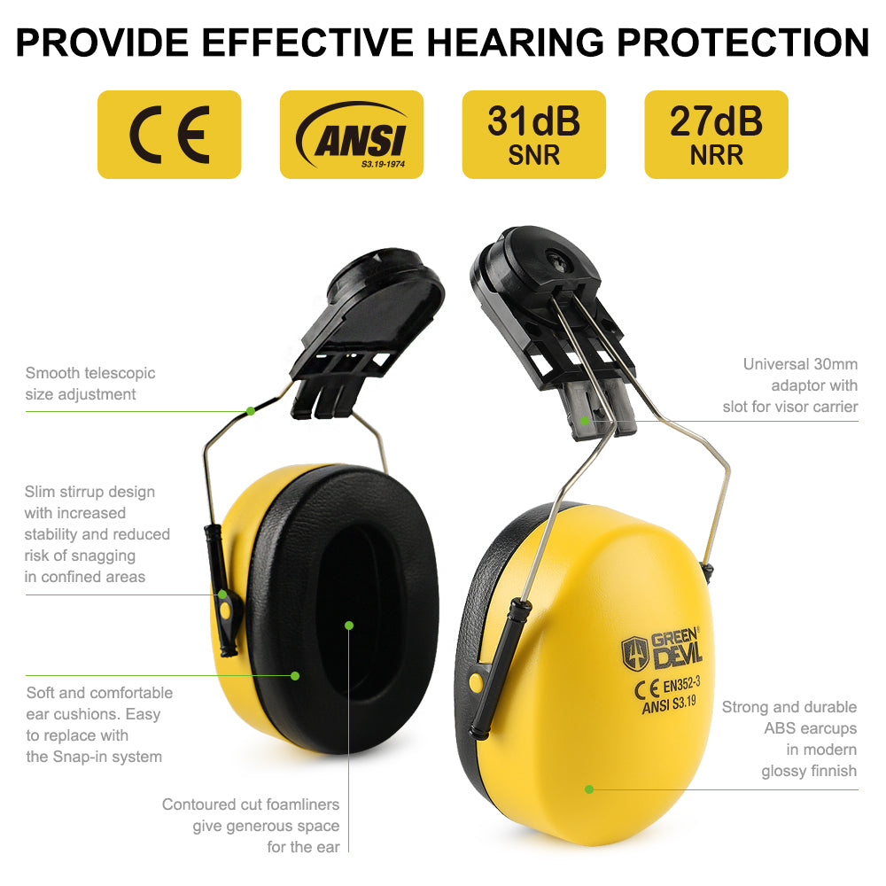 GREEN DEVIL Safety Helmet Mounted Ear Muffs Helmet Attachment Yellow Ear Muff NRR 27dYellow