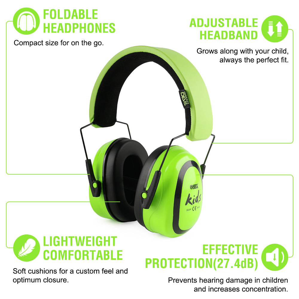 GREEN DEVIL Kids Noise Cancelling Hearing Protection Headphones Design For Age 3-16 SNR 27.4dB Green