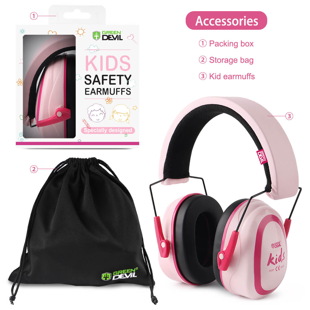 GreenDevil kids safety earmuffs package and accessories
