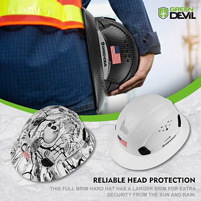GREEN DEVIL Full Brim Skeleton Pattern Hard Hat Safety Helmet OSHA Approved