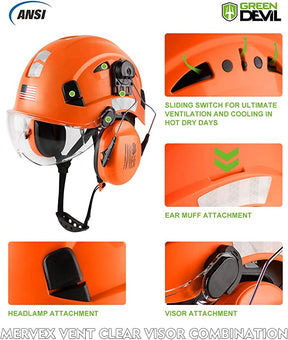 GREEN DEVIL Orange Color Safety Helmet Hard Hat With Visor And Ear Protection ANSI Z89.1 Approved