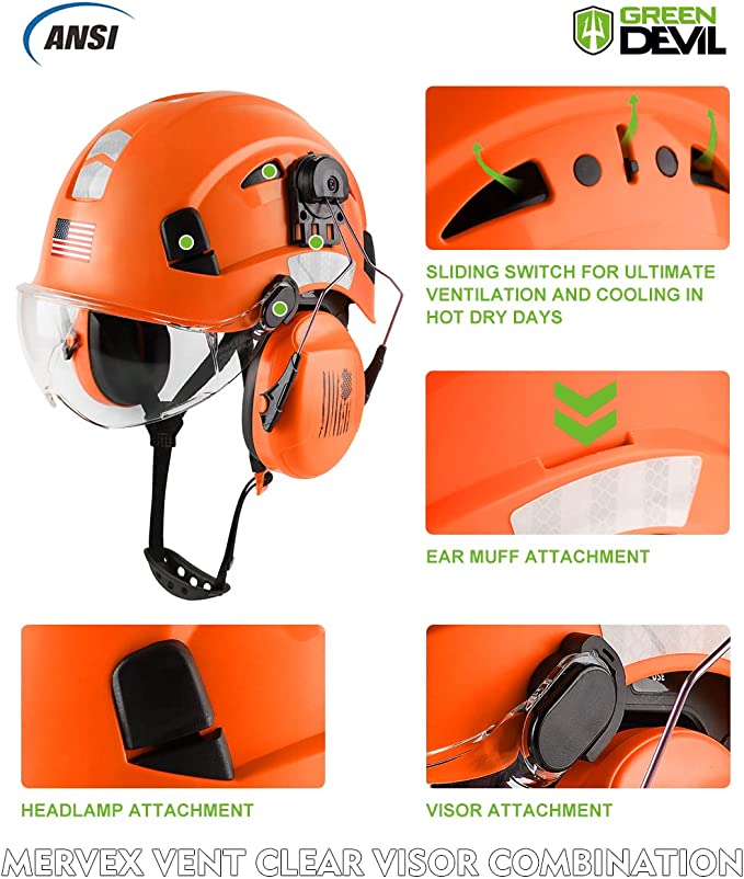 GREEN DEVIL Orange Color Safety Helmet Hard Hat With Visor And Ear Protection ANSI Z89.1 Approved