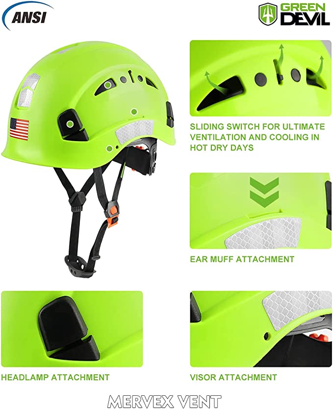 GREEN DEVIL Green Color Safety Helmet Hard Hat ANSI Z89.1 Approved