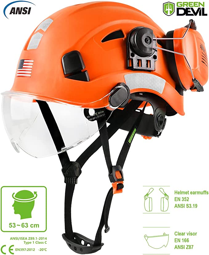 GREEN DEVIL Orange Color Safety Helmet Hard Hat With Visor And Ear Pro GREEN DEVIL Orange Color Safety Helmet Hard Hat With Visor And Ear Pro