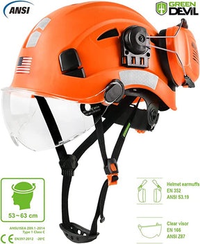 GREEN DEVIL Orange Color Safety Helmet Hard Hat With Visor And Ear Protection ANSI Z89.1 Approved