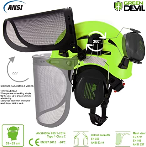 GREEN DEVIL Forestry Safety Helmet Green Color Chainsaw Helmet with Mesh face Shield and Ear Muffs 3 in 1 Protection System