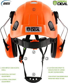 GREEN DEVIL Orange Color Safety Helmet Hard Hat With Visor And Ear Protection ANSI Z89.1 Approved