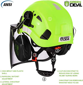 GREEN DEVIL Forestry Safety Helmet Green Color Chainsaw Helmet with Mesh face Shield and Ear Muffs 3 in 1 Protection System
