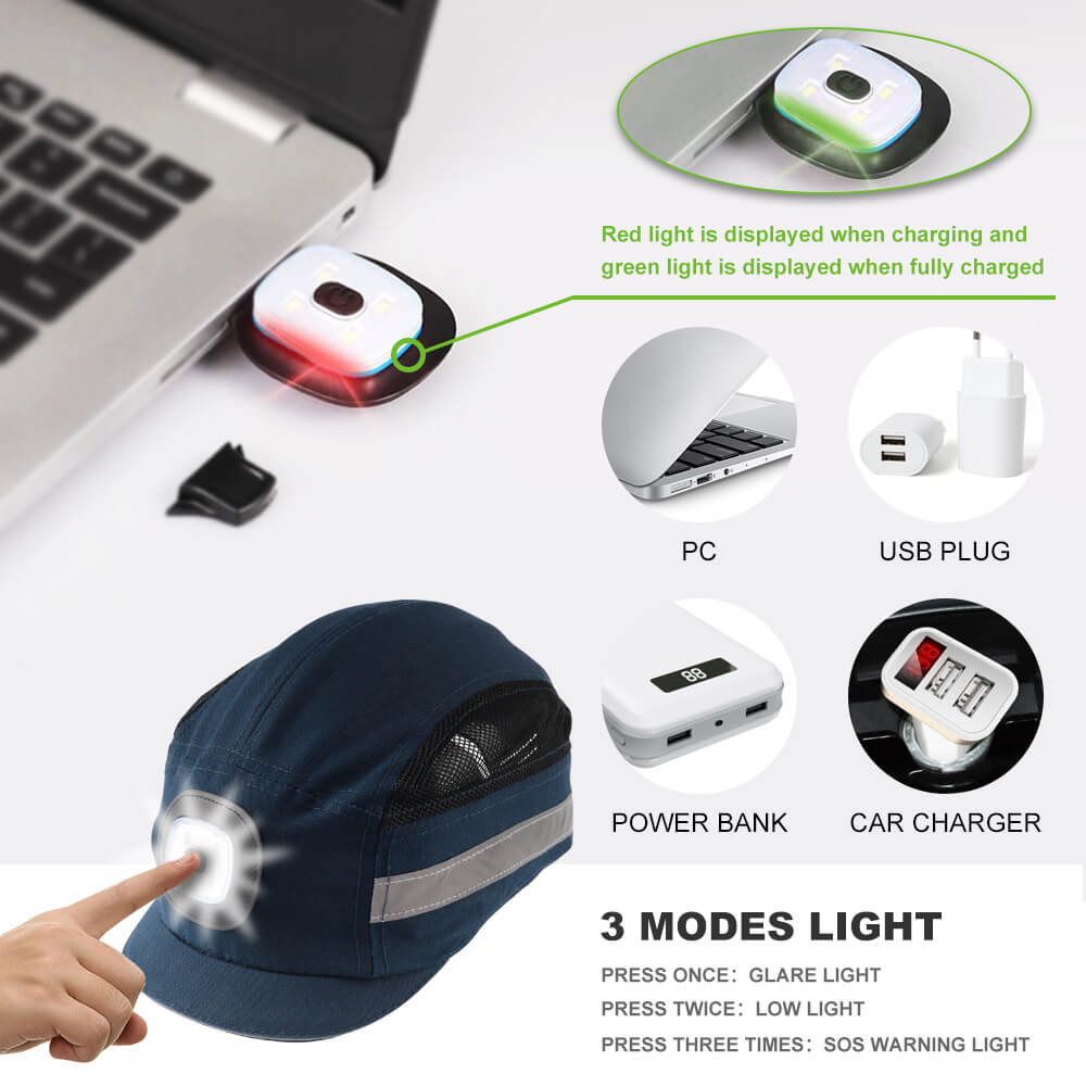 LED bump cap impact cap safety cap 3 modes light and many kinds of modes for charg