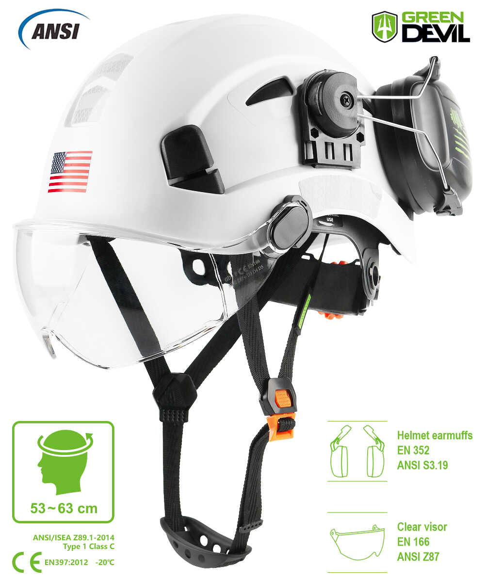 GREEN DEVIL White Color Safety Helmet Hard Hat With Visor And Ear Protection ANSI Z89.1 Approved