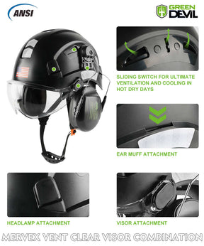 GREEN DEVIL Black Color Safety Helmet Hard Hat With Visor And Ear Protection ANSI Z89.1 Approved