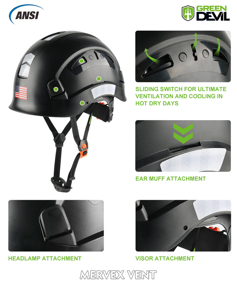 GREEN DEVIL Black Color Safety Helmet Hard Hat ANSI Z89.1 Approved
