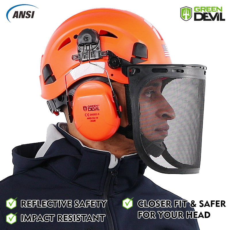 GREEN DEVIL Forestry Safety Helmet Orange Color Chainsaw Helmet with Mesh face Shield and Ear Muffs 3 in 1 Protection System